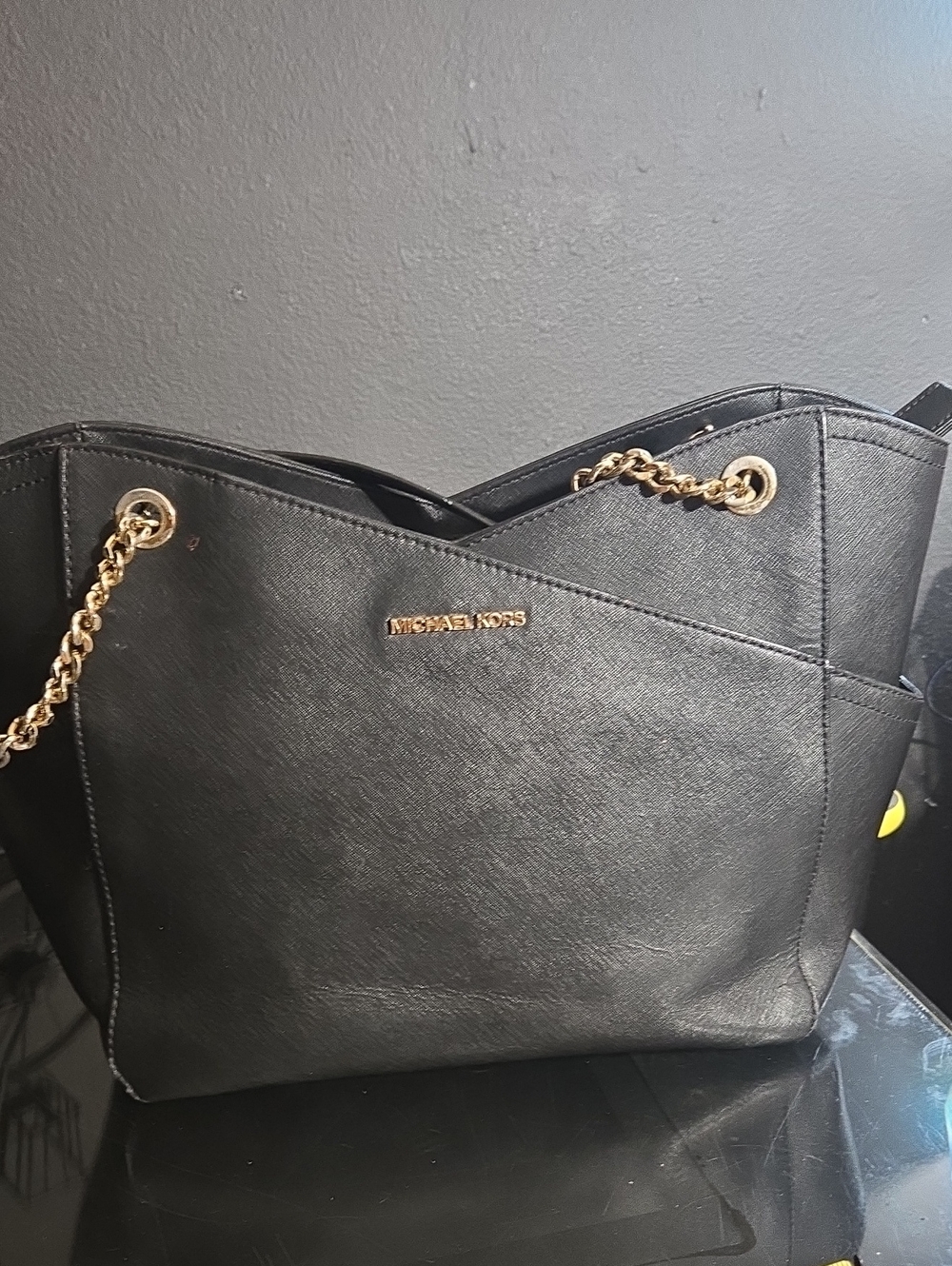 Michael Kors Black Leather Shoulder Bag with Gold Chain Trim